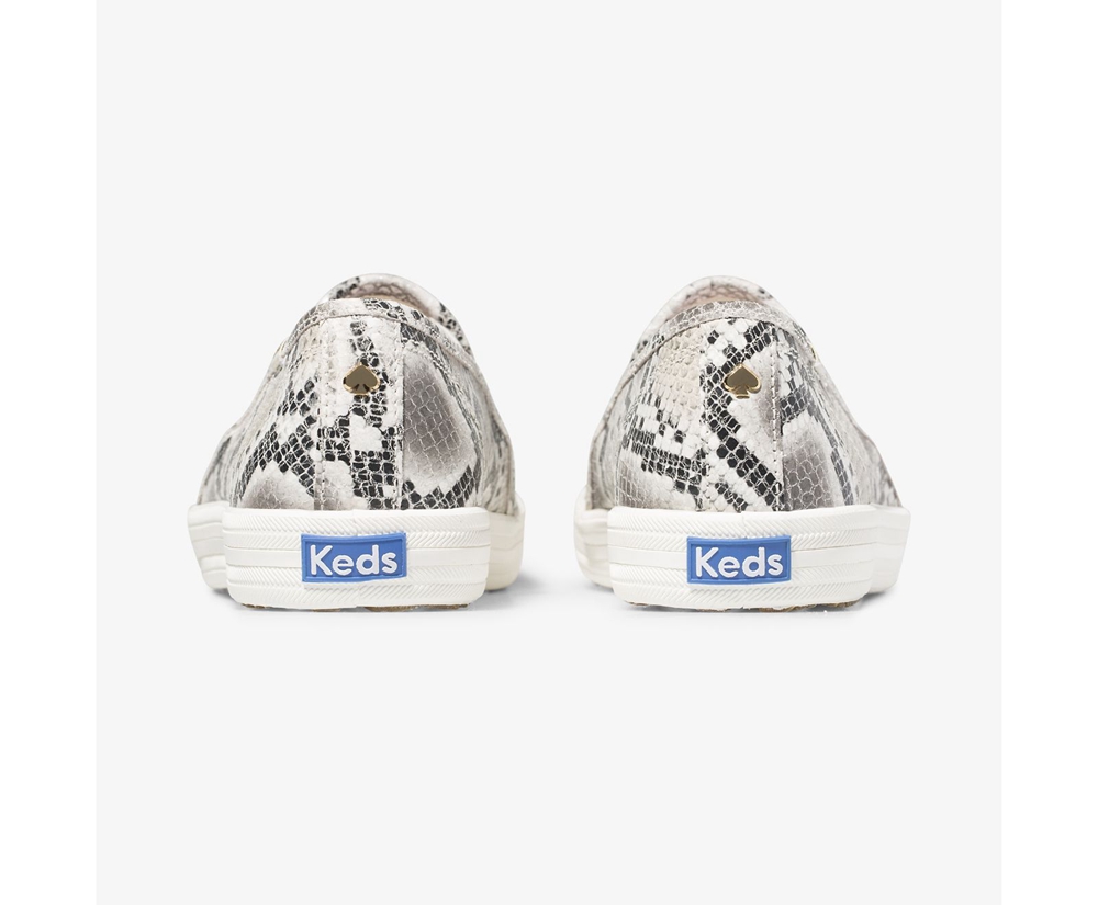 Slip On Γυναικεια - Keds Kate Spade New York Double Decker Snake Δερματινα - Λευκα/Μαυρα - QLTZR7243